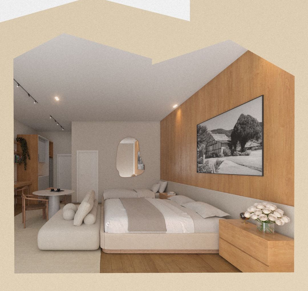 Interior de um Loft Linden mobiliado, com cama de casal, sofá e varanda
